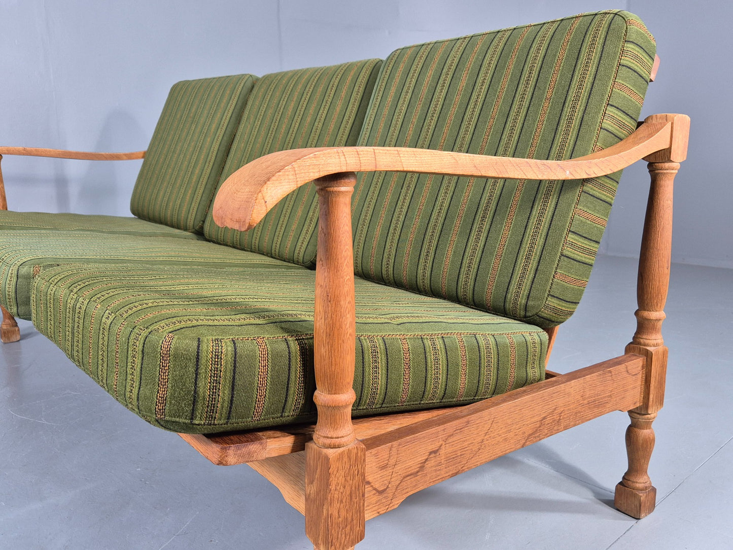 Vintage Danish 3 seater Sofa Oak Kjaenulf Green Cushions 1970s Retro EB12775