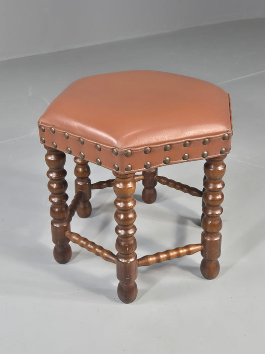 Vintage Stool Brown Vinyl Upholstery Oak Bobbin Turned Frame Hexagonal EB11306