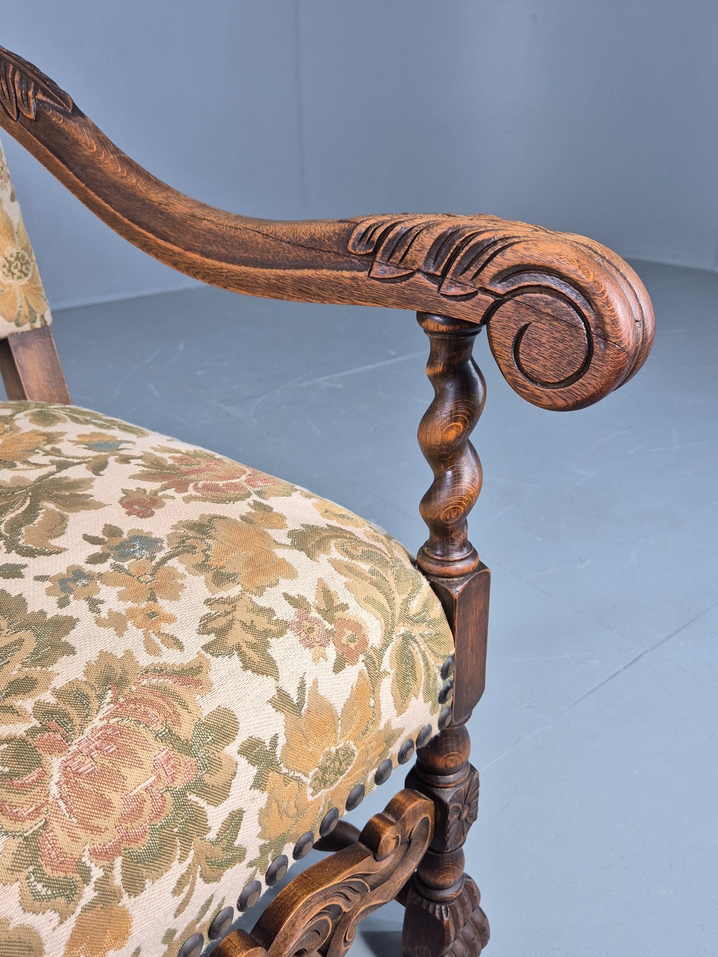 Vintage Baroque Style Armchair Carved Oak Frame 1950s Danish Antique EB12700