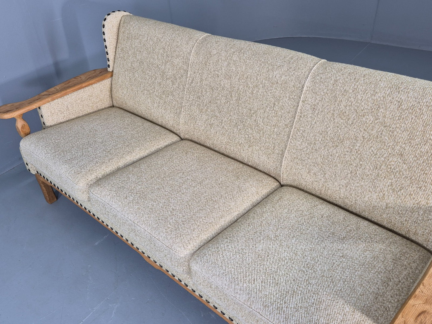 Vintage 3 Seat Sofa Danish 1970s Oak Frame Cream Wool Cloth Retro EB12753