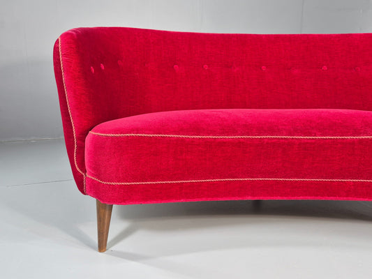 Vintage Danish Banana Sofa 3 Seater Red Velvet Velour 1950s Classic MCM EB12399