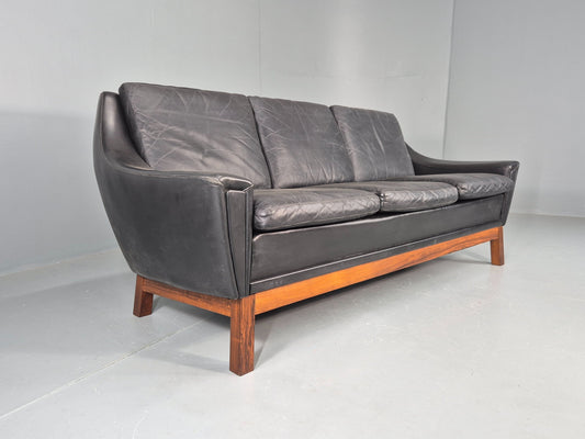 Vintage Mid Century 3 Seater Sofa Black Leather Danish 1960s Retro EB10403