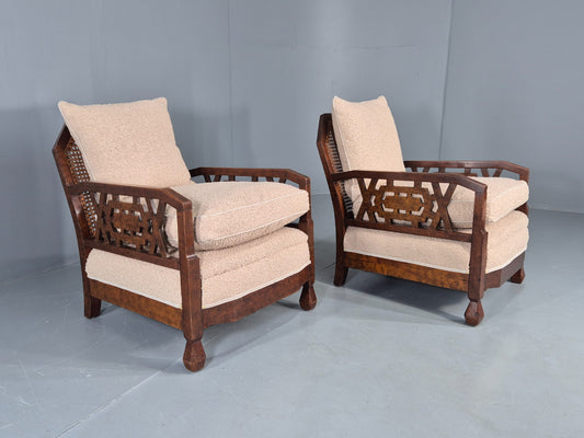 Vintage Art Deco Pair Armchairs Dappled Walnut White Boucle Bergere EB12556