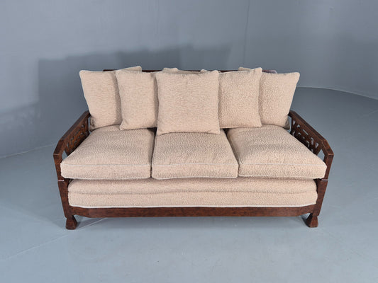 Vintage Art Deco 3 Seat Sofa Dappled Walnut White Boucle Bergere EB12557