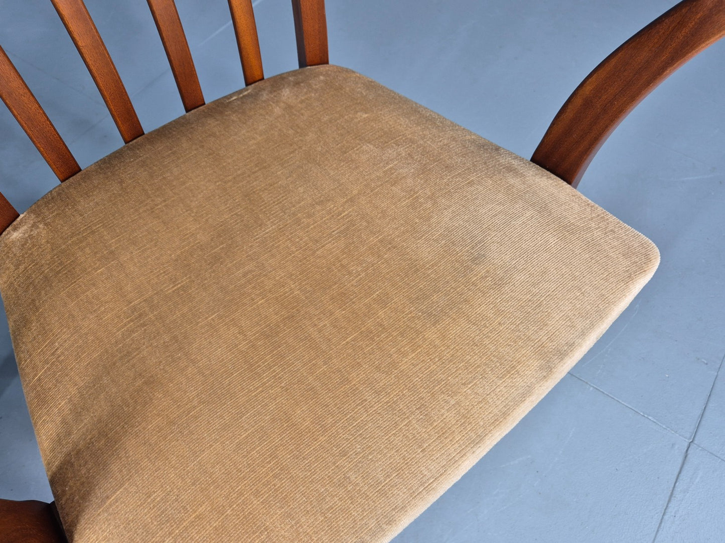 2 Vintage McIntosh Carver Dining Chairs Teak Frames Gold Velour Seats EB12181