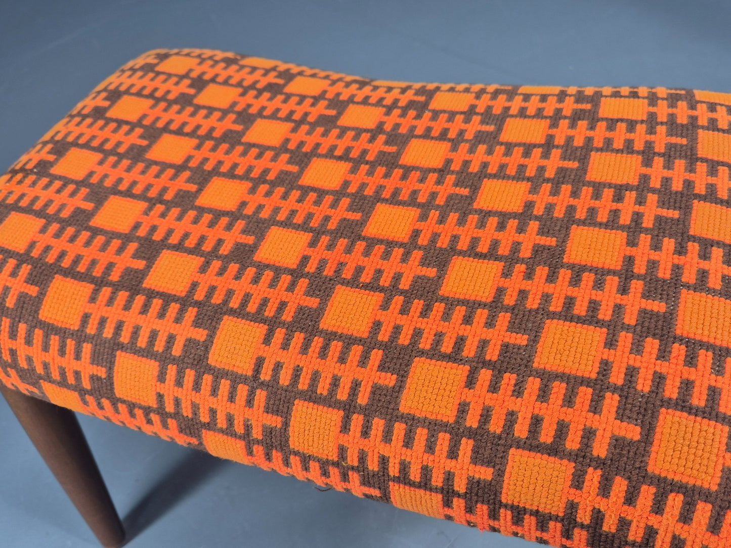 Vintage Mid Century Footstool Danish Orange and Brown Beech Legs 1960s EB12094