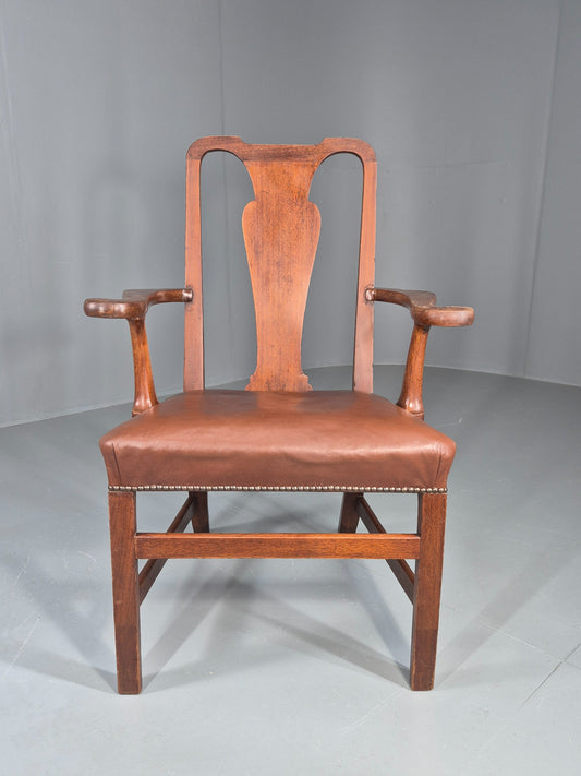 Antique Georgian Elbow Chair Mahogany Frame Leather Seat Splat Back EB11933