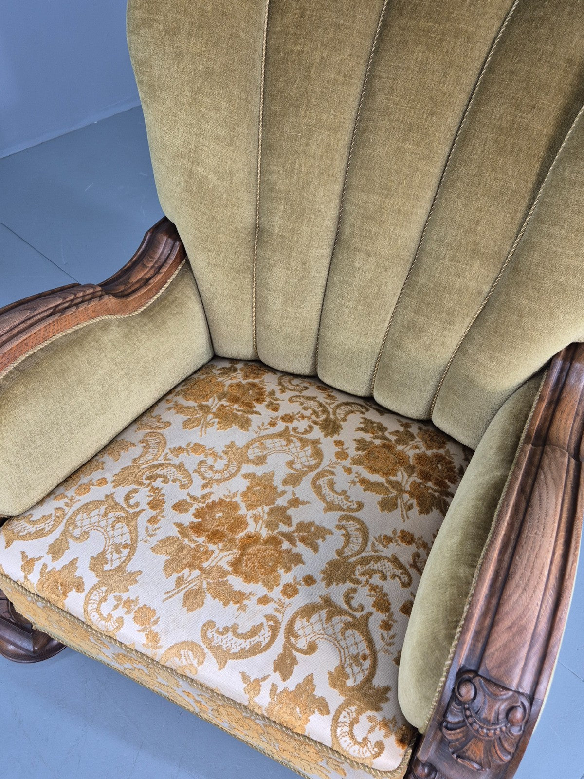 Vintage Danish Art Deco Lounge Chair Carved Oak Frame 1940s Green Floral EB12837
