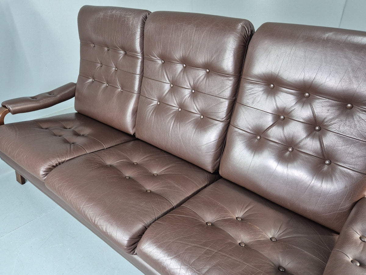 Vintage Danish 3 Seat Sofa Brown Leather Bentwood Frame 1980s Retro MCM EB13062