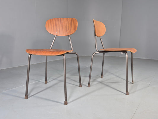 2 Vintage Danish Industrial Chairs Mid Century Teak and Steel Retro EB12654