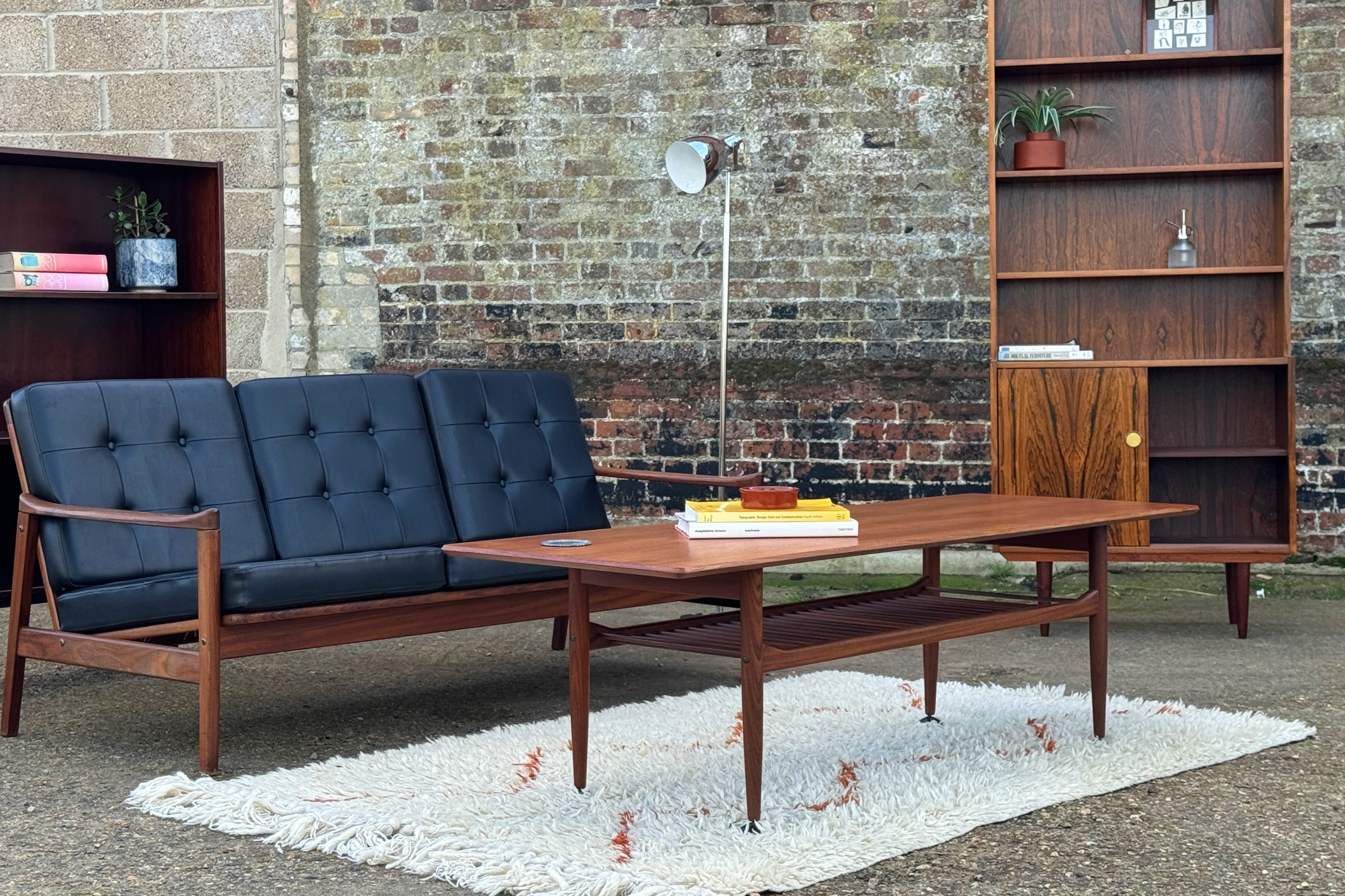 Staged furniture scene with shaggy rug