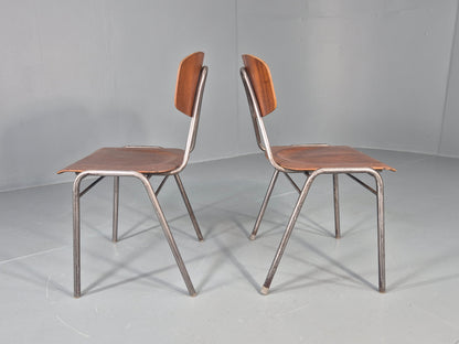 2 Vintage Danish Stacking Industrial Chairs Teak Ply and Steel 1960s  EB12401