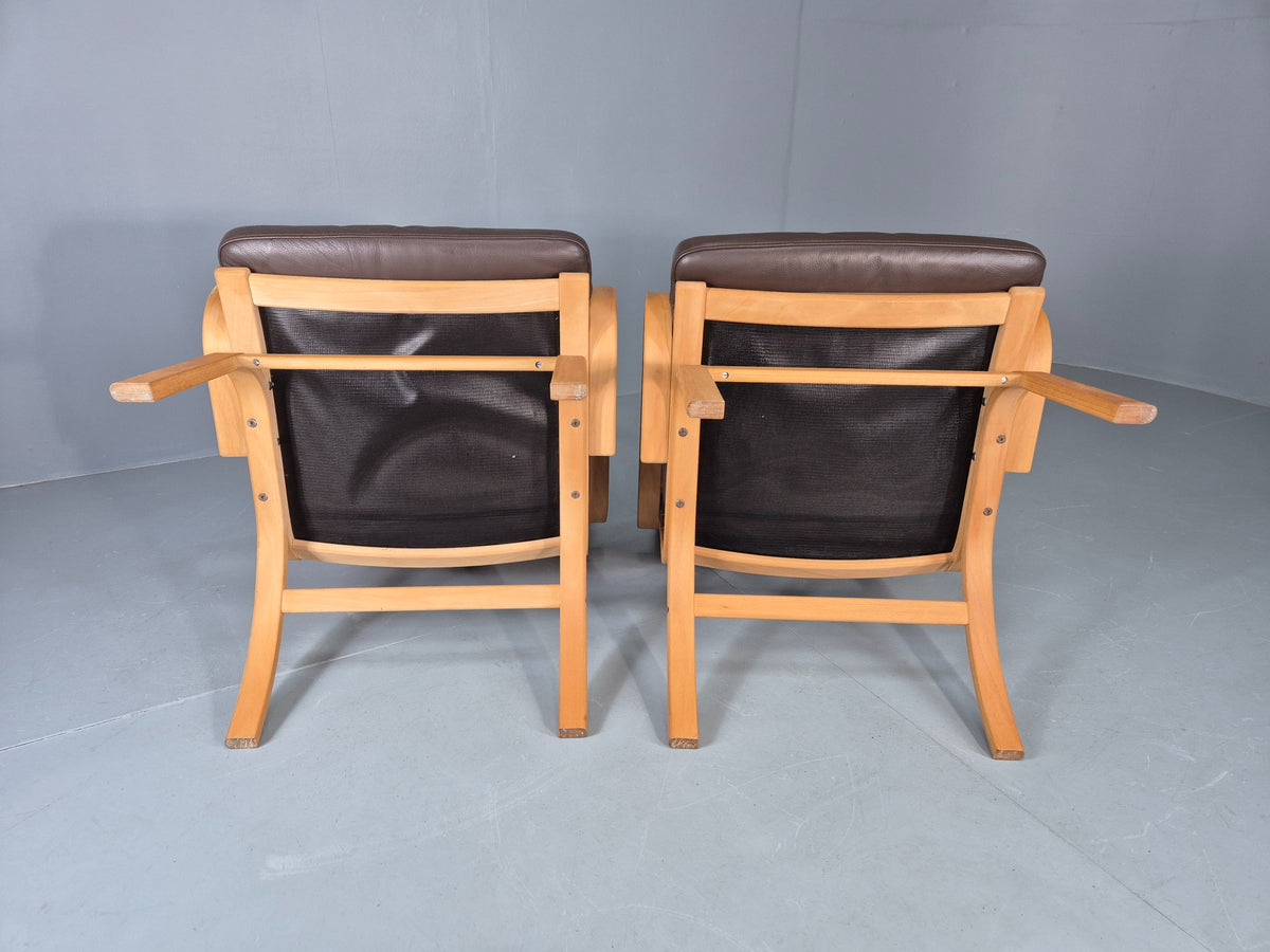 2 Vintage Danish Leather Lounge Chairs Bent Wood Frames 1980s Retro EB13073