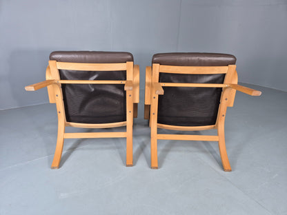 2 Vintage Danish Leather Lounge Chairs Bent Wood Frames 1980s Retro EB13073