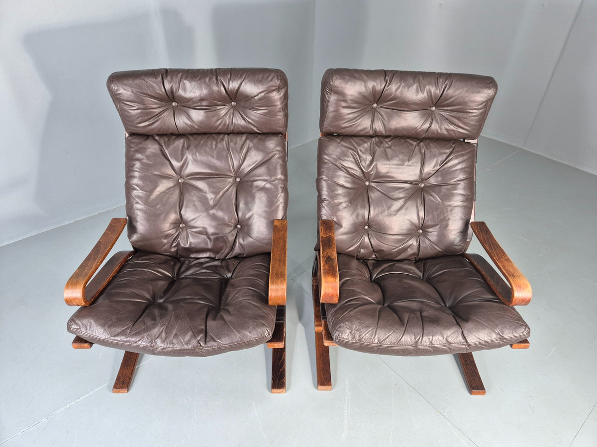 2 Vintage Skyline Leather Lounge Chairs High Back Bentwood Frame Retro EB13085