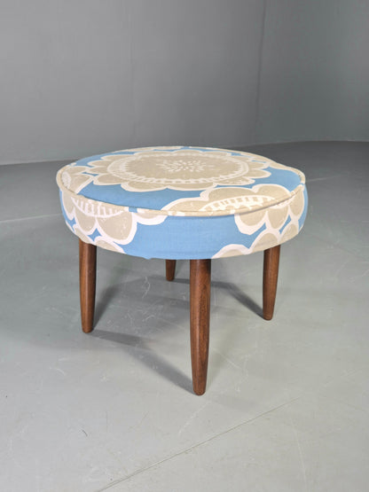 Vintage Danish 1960s Footstool with Floral Cotton Print Cover Retro MCM EB12786