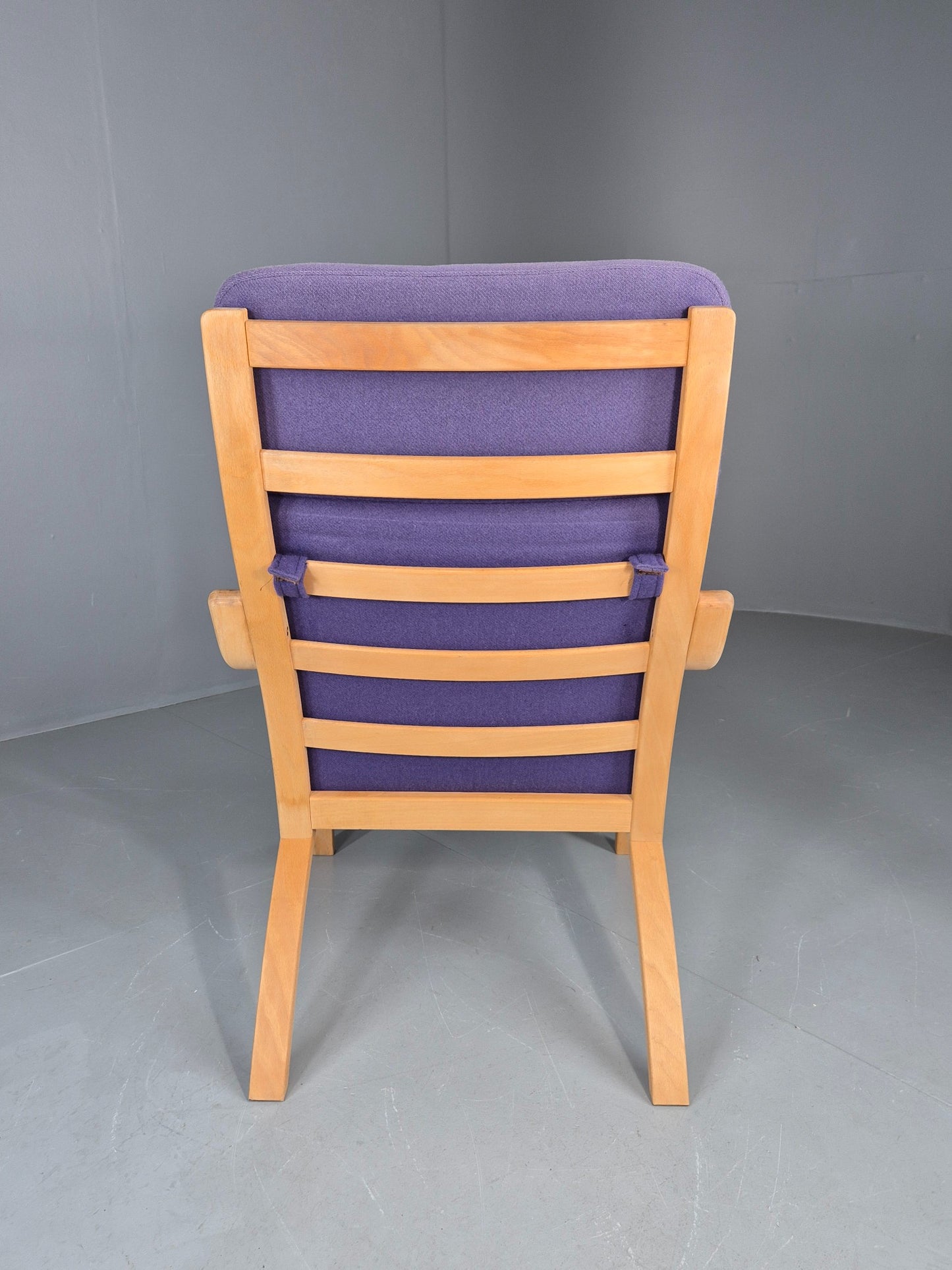 Vintage Mid Century Lounge Chair Bentwood Frame Danish Purple Wool 1980s EB12136