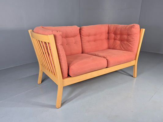 Vintage Stouby Stick Back 2 Seater Sofa Beech Frame Orange Peach 1990s EB12834