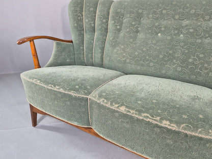 Danish 1950s 3 seater Sofa Shell Back Green Moquette Curved Front EB12768