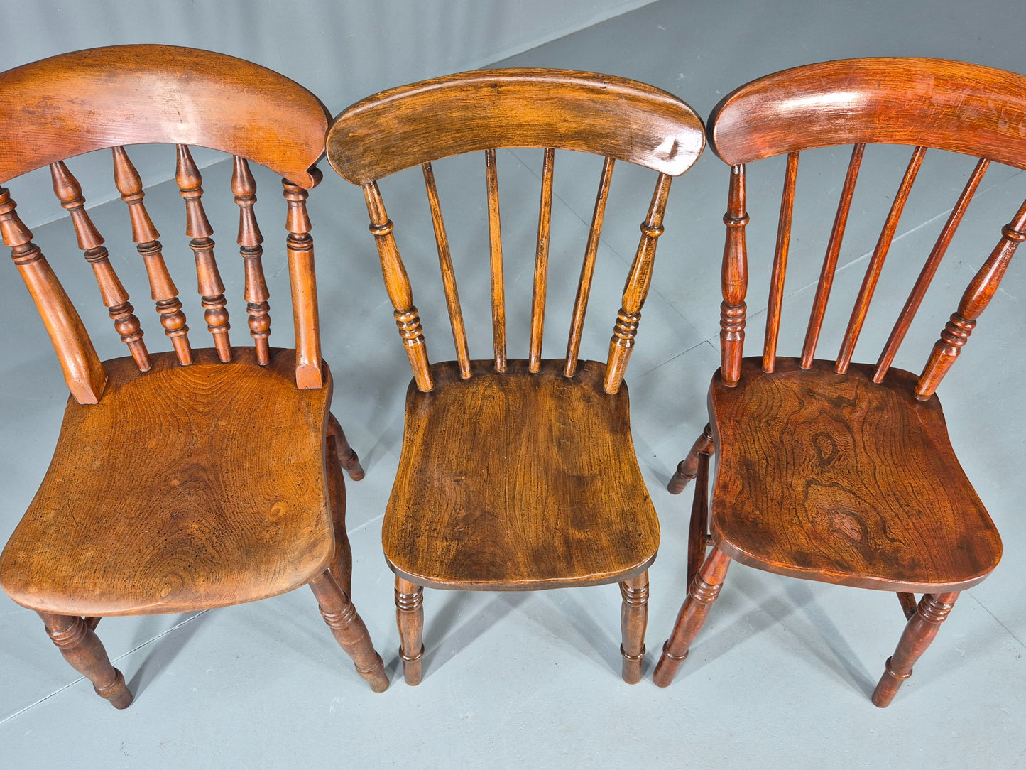 3 Antique Windsor Chairs Elm and Beech Spindle backs Victorian  EB12486