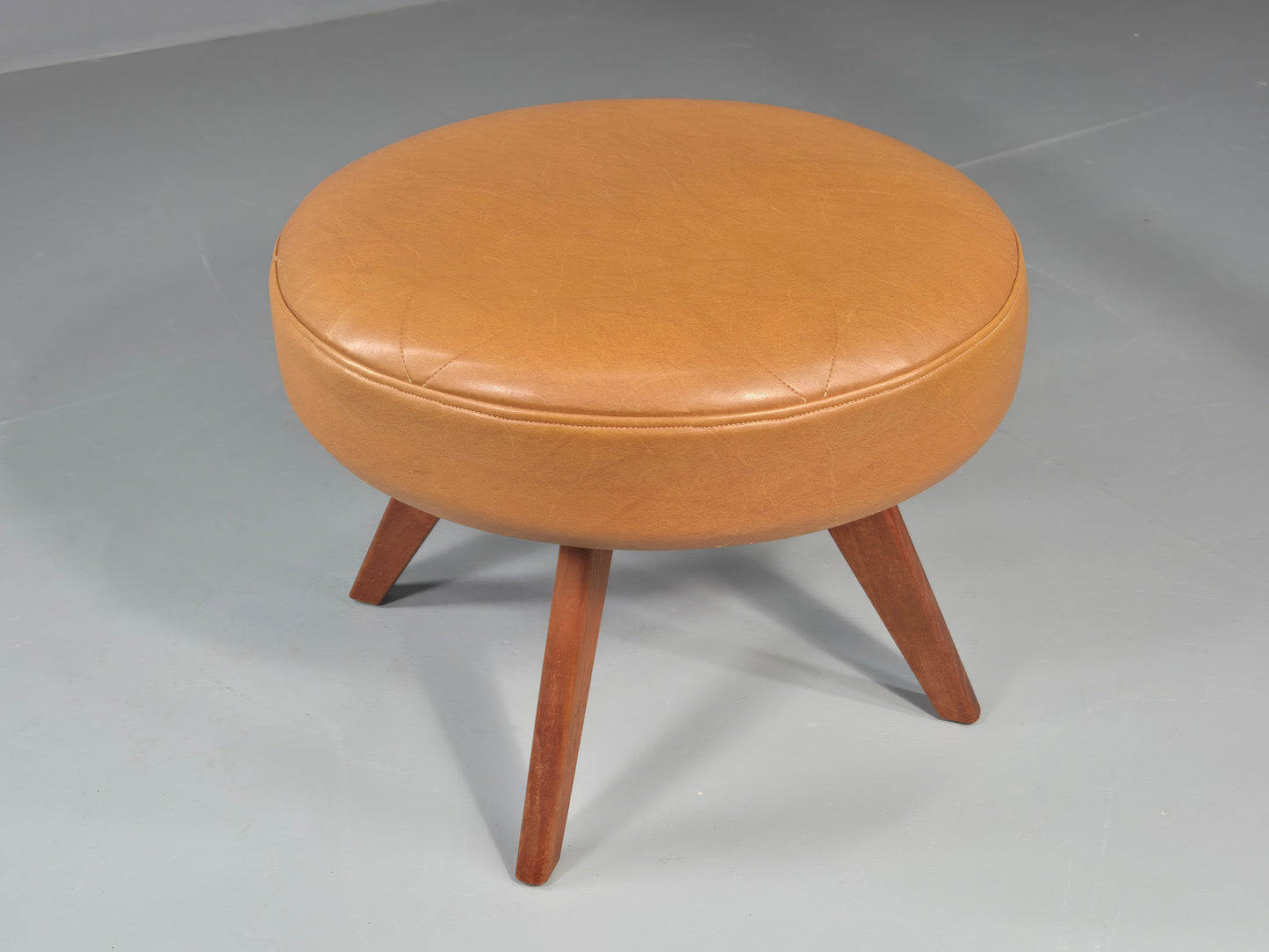 Vintage Mid Century Foot Stool Brown Vinyl Danish Teak Round Retro MCM EB12022