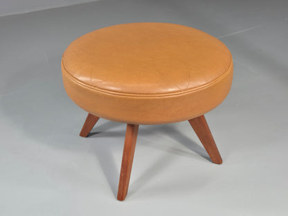 Vintage Mid Century Foot Stool Brown Vinyl Danish Teak Round Retro MCM EB12022