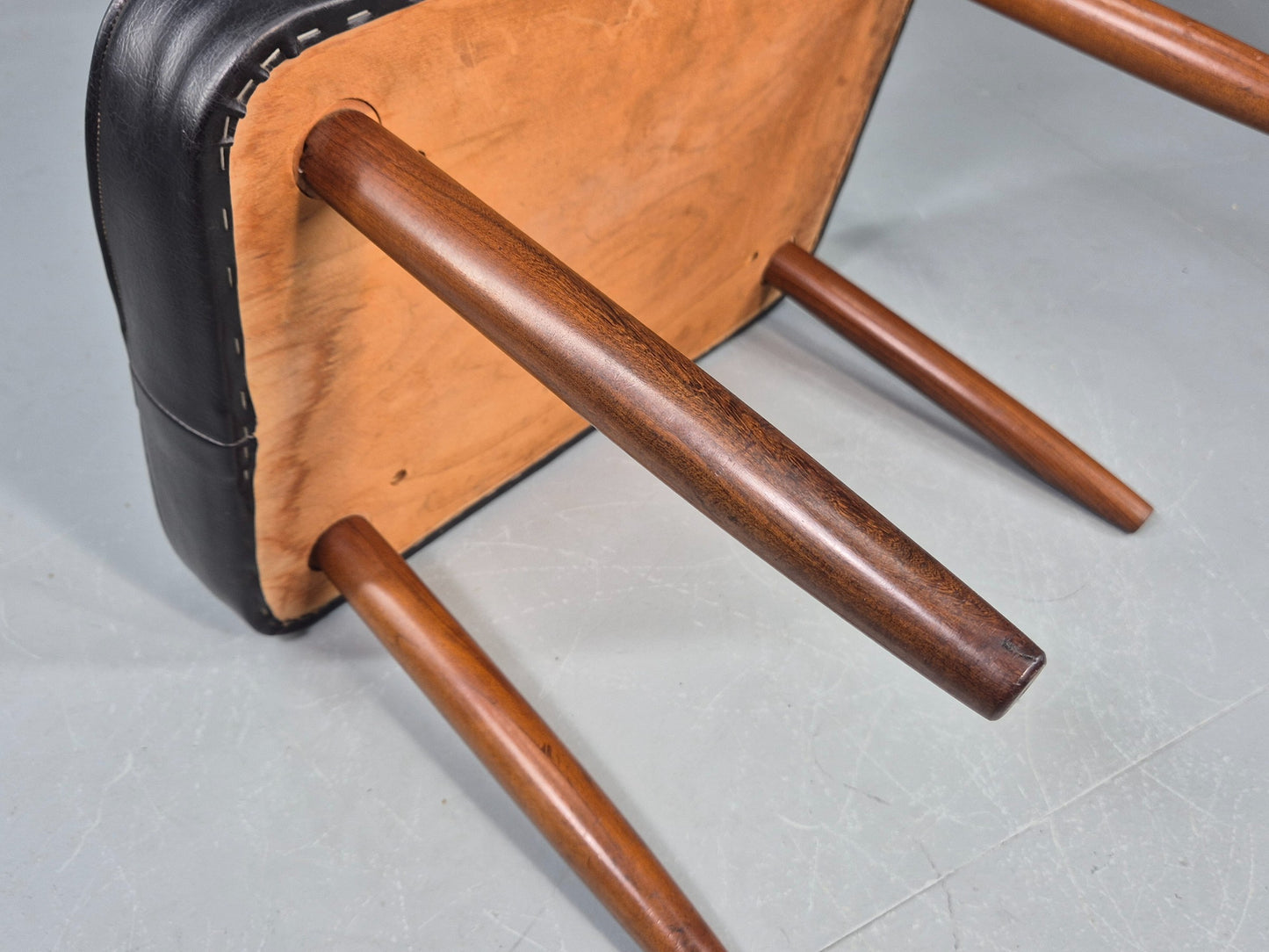 Vintage Mid Century Footstool Danish Black Vinyl Teak Legs 1960s Retro EB12012