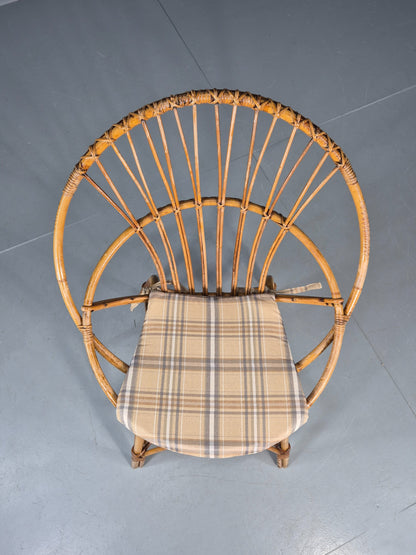 Vintage 1960s Cane Circle Tub Chair Tartan Cushion Retro EB10635