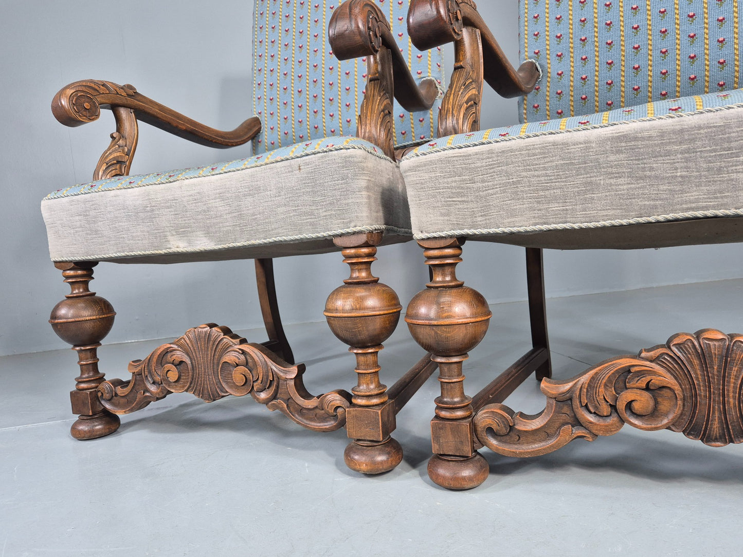 2 Vintage Danish Baroque Revival Lounge Chairs Oak Frame Tapestry Floral EB12643