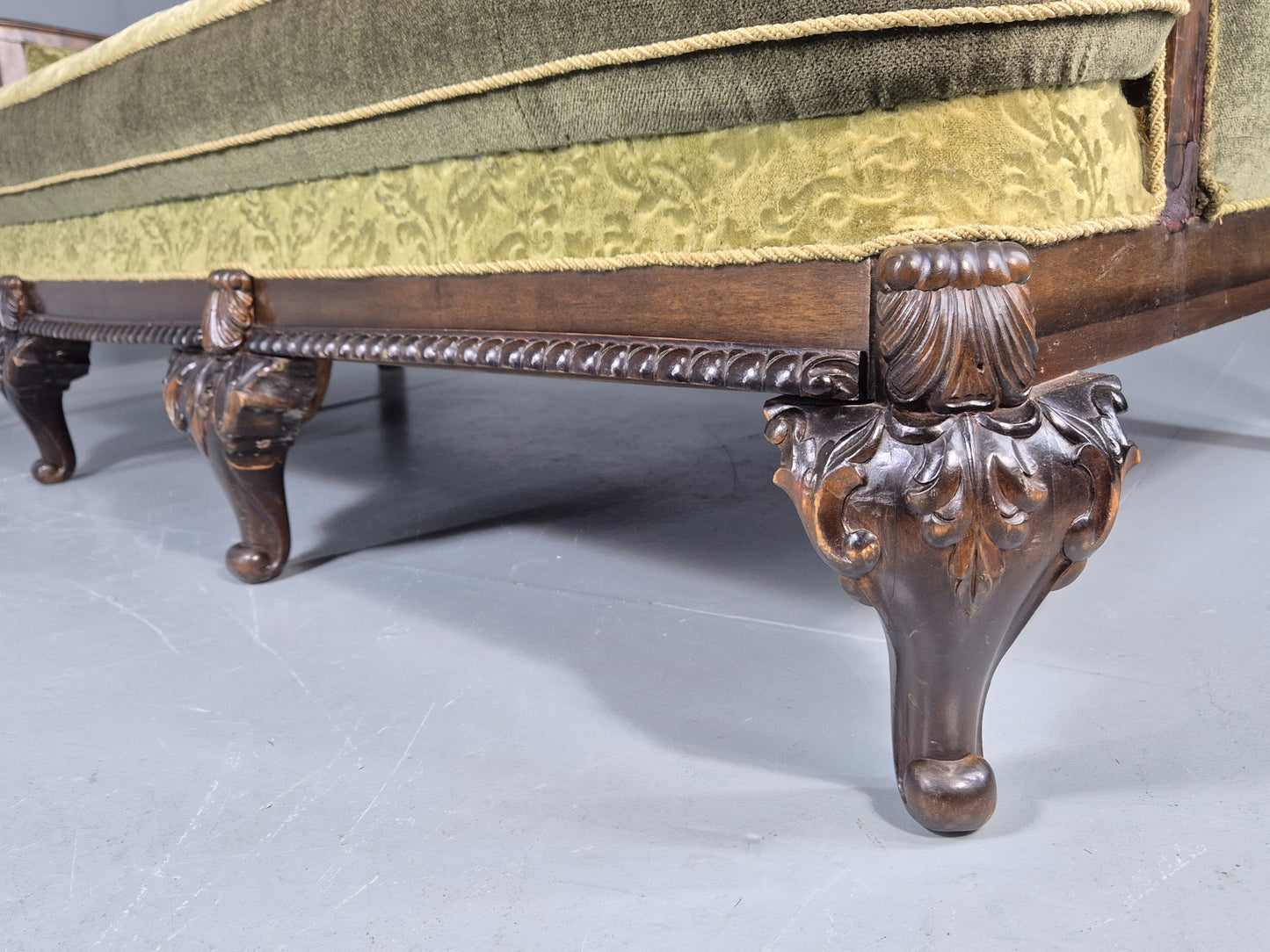 Antique 3 Seater Sofa 1920s Danish Carved Frame Green Moquette  EB12005