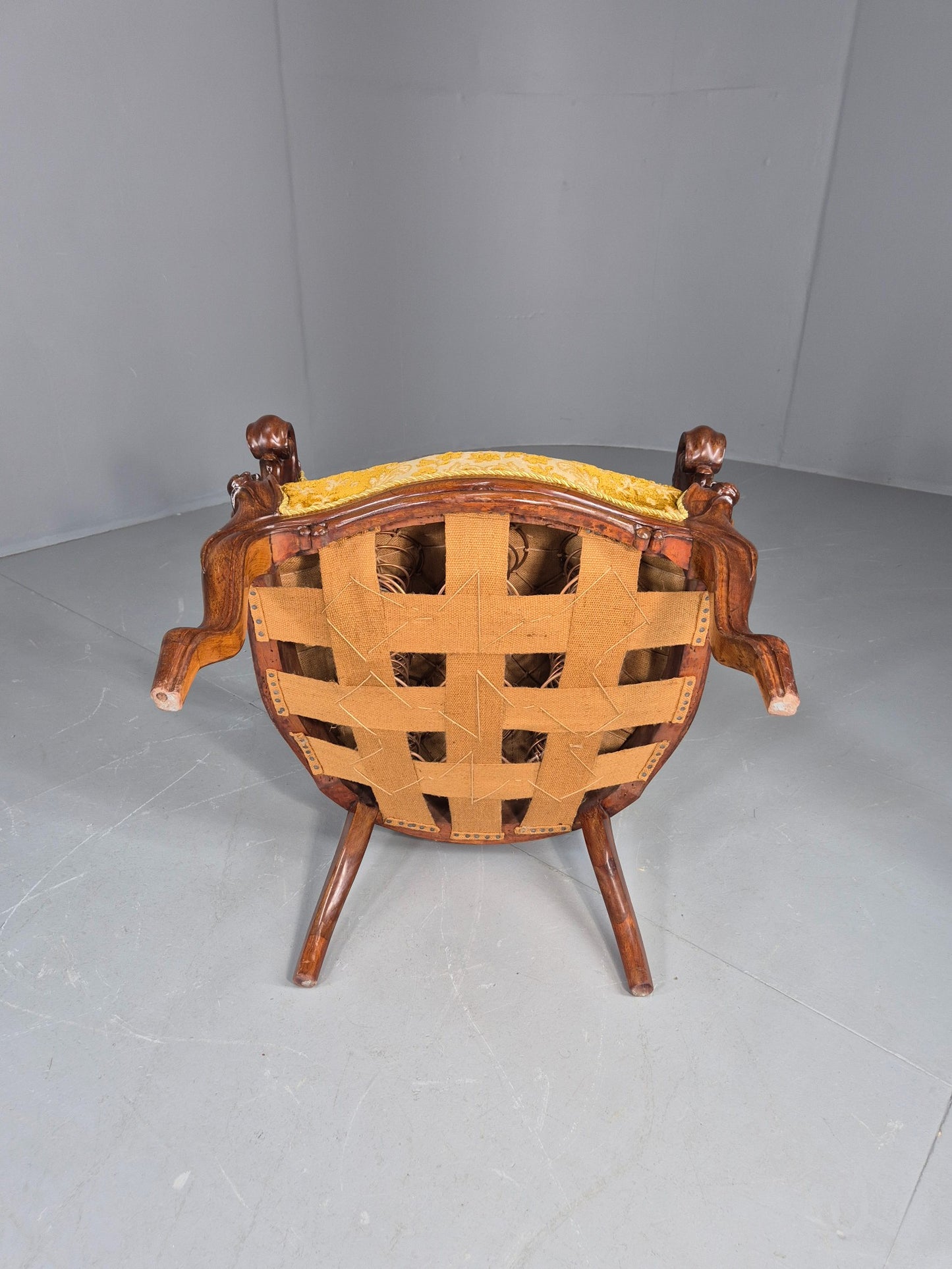 Antique Baroque Revival Arm Chair Carved Frame Gold Moquette Upholstery EB12740