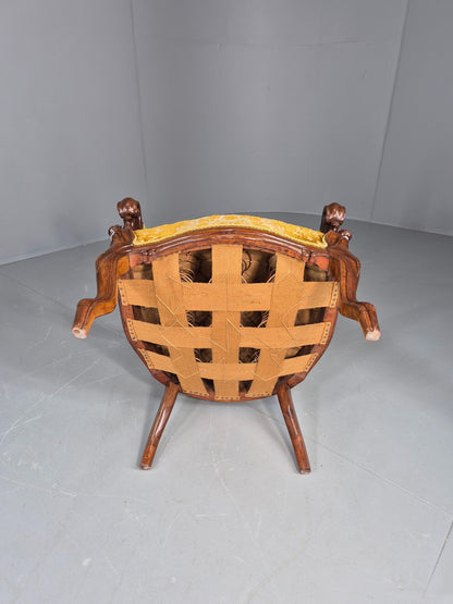 Antique Baroque Revival Arm Chair Carved Frame Gold Moquette Upholstery EB12740