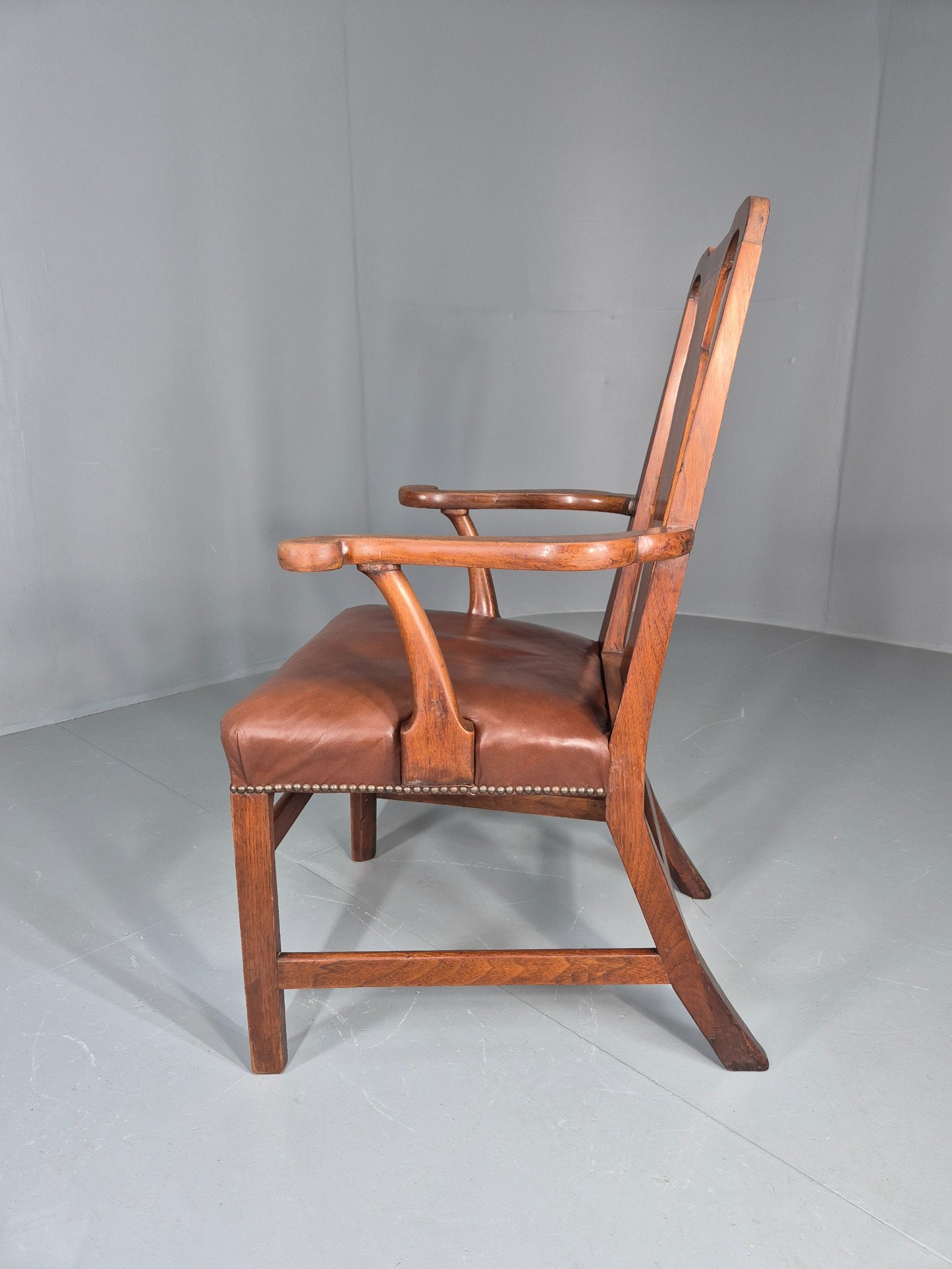 Antique Georgian Elbow Chair Mahogany Frame Leather Seat Splat Back EB11933