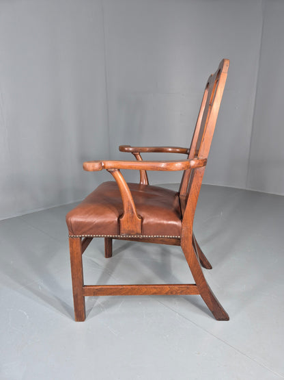 Antique Georgian Elbow Chair Mahogany Frame Leather Seat Splat Back EB11933