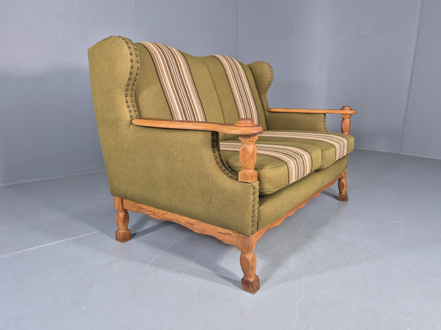 Vintage 2 Seater Sofa Danish Design Kjaernulf Style Green Wool Oak Frame EB12688