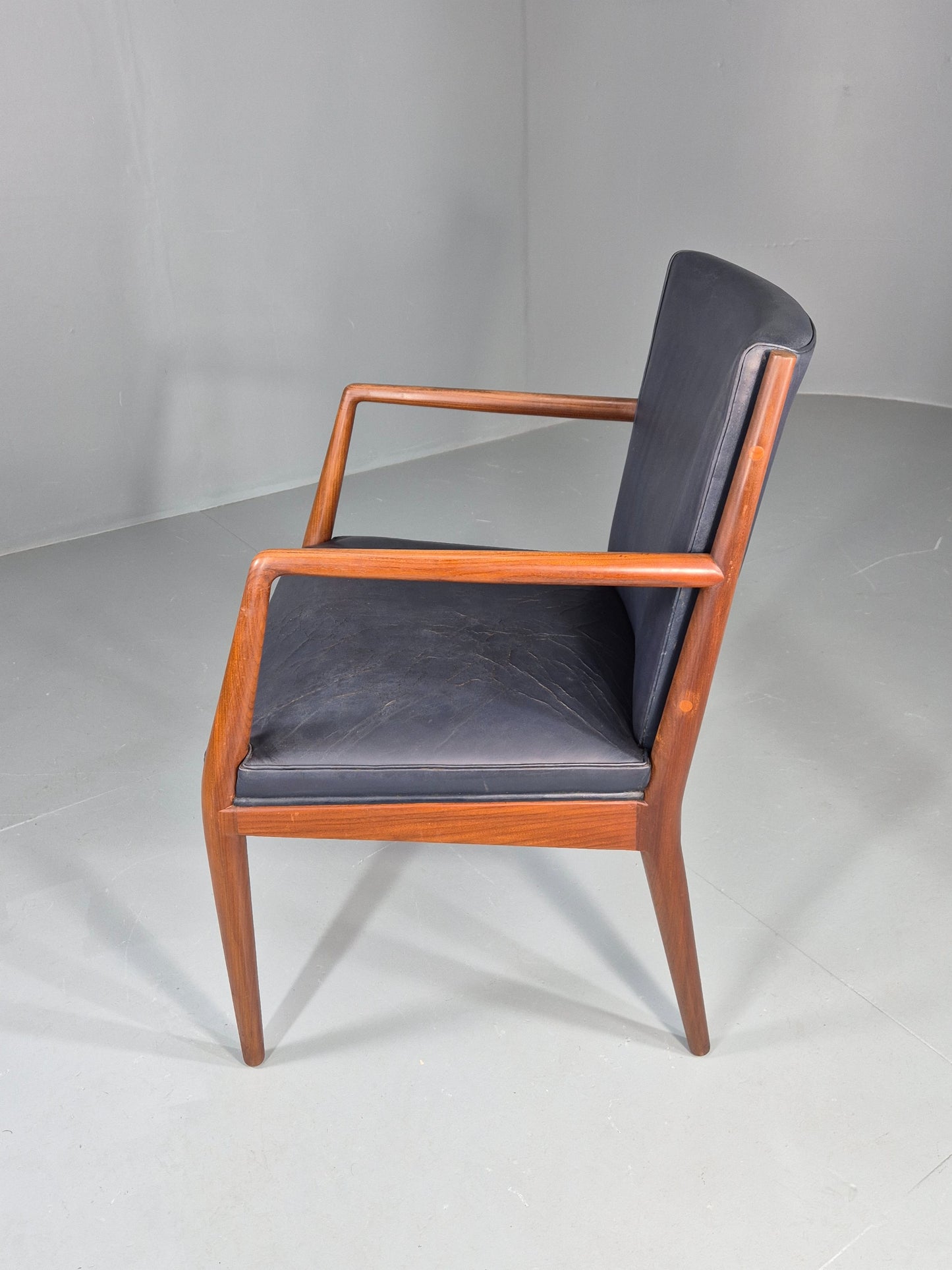 Vintage Mid Century Teak Armchair Blue Leather 1960s Retro EB11908