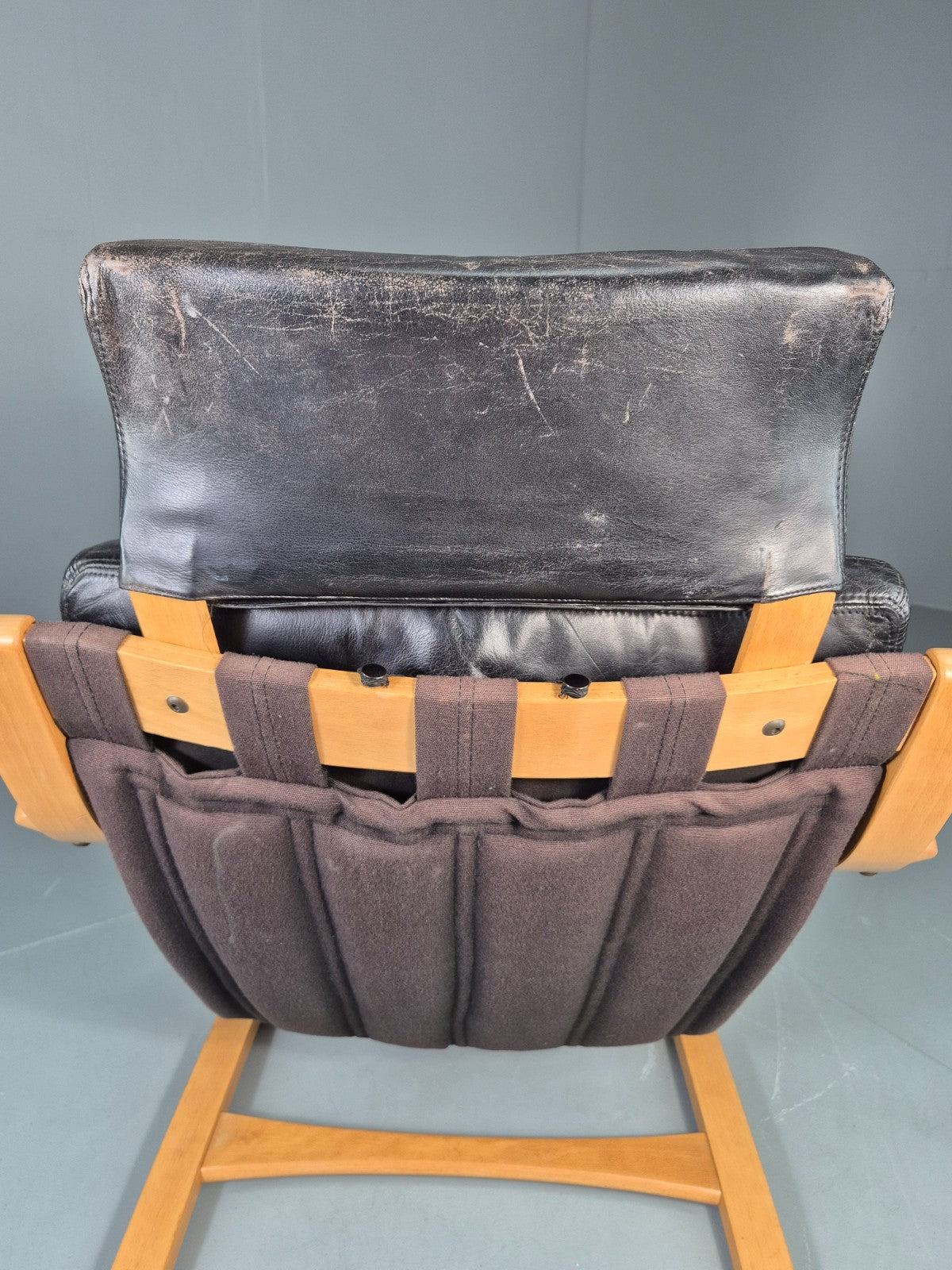 Vintage 1970s Danish Lounge Chair Black Leather and Bentwood MCM Retro EB13082