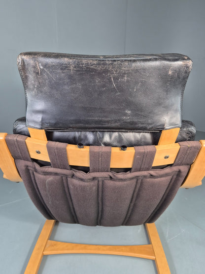 Vintage 1970s Danish Lounge Chair Black Leather and Bentwood MCM Retro EB13082
