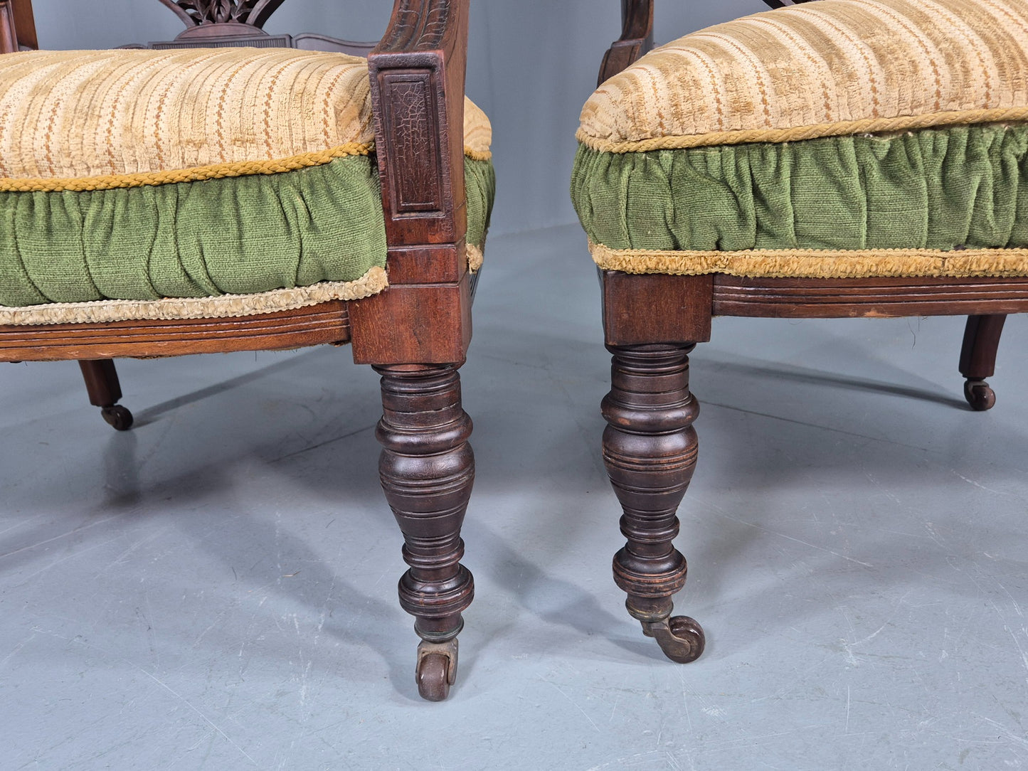 2 Antique Mahogany Saloon Chairs Green and Cream Upholstery Edwardian EB12792