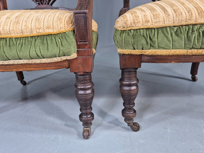 2 Antique Mahogany Saloon Chairs Green and Cream Upholstery Edwardian EB12792