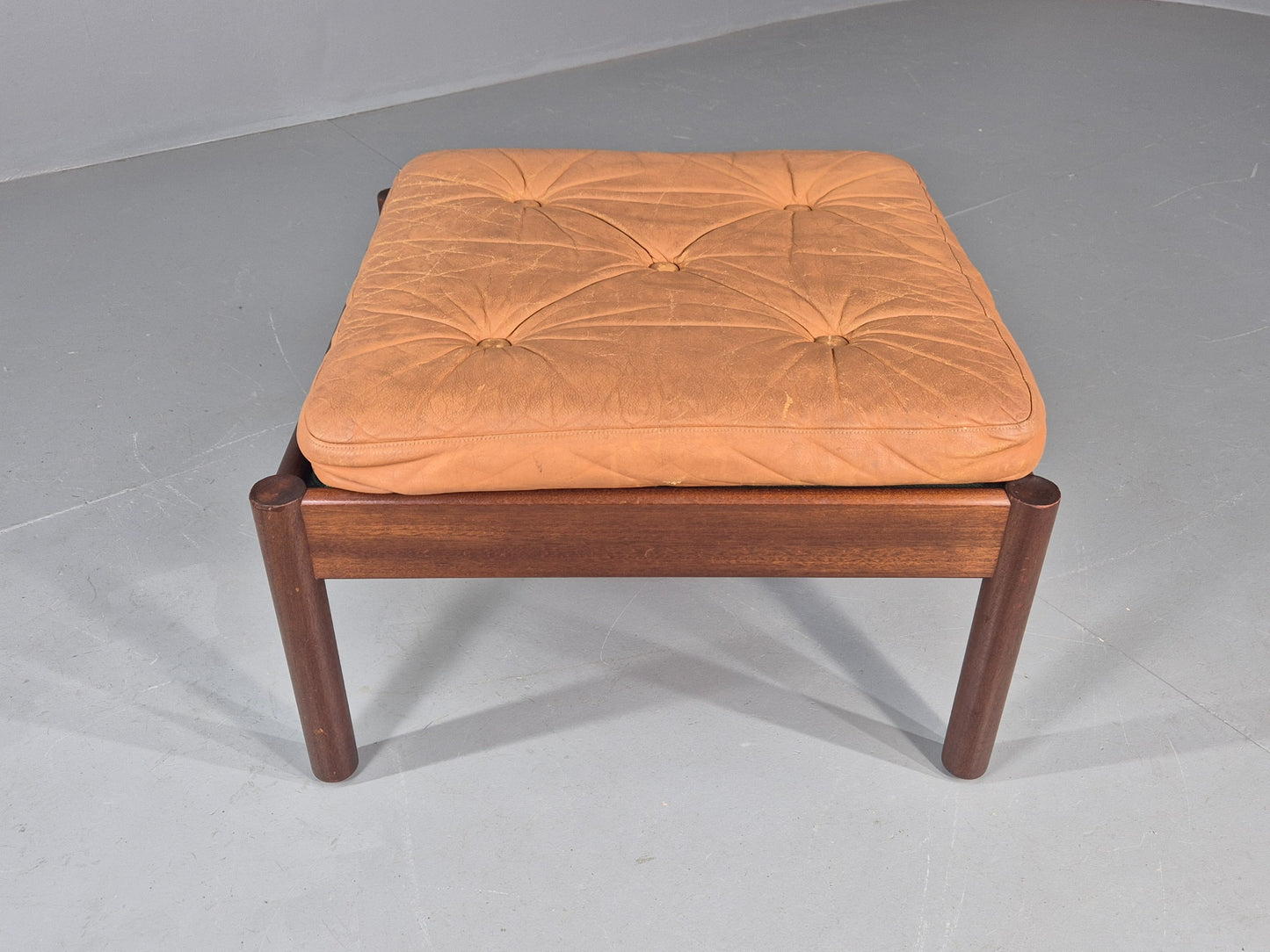 Vintage Danish Mid Century Footstool Leather upholstered Hard Wood Frame EB12009