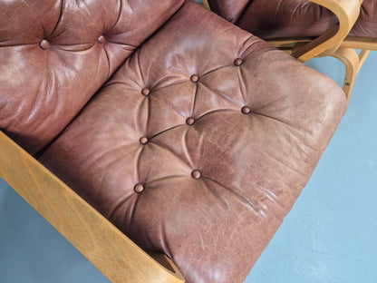 2 Vintage Swedese Leather Bentwood Lounge Chairs Design Yngve Ekstrom  EB13089