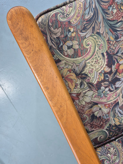 Vintage Mid Century Rocking Chair Floral Print Synthetic Fabric 1970s EB12920