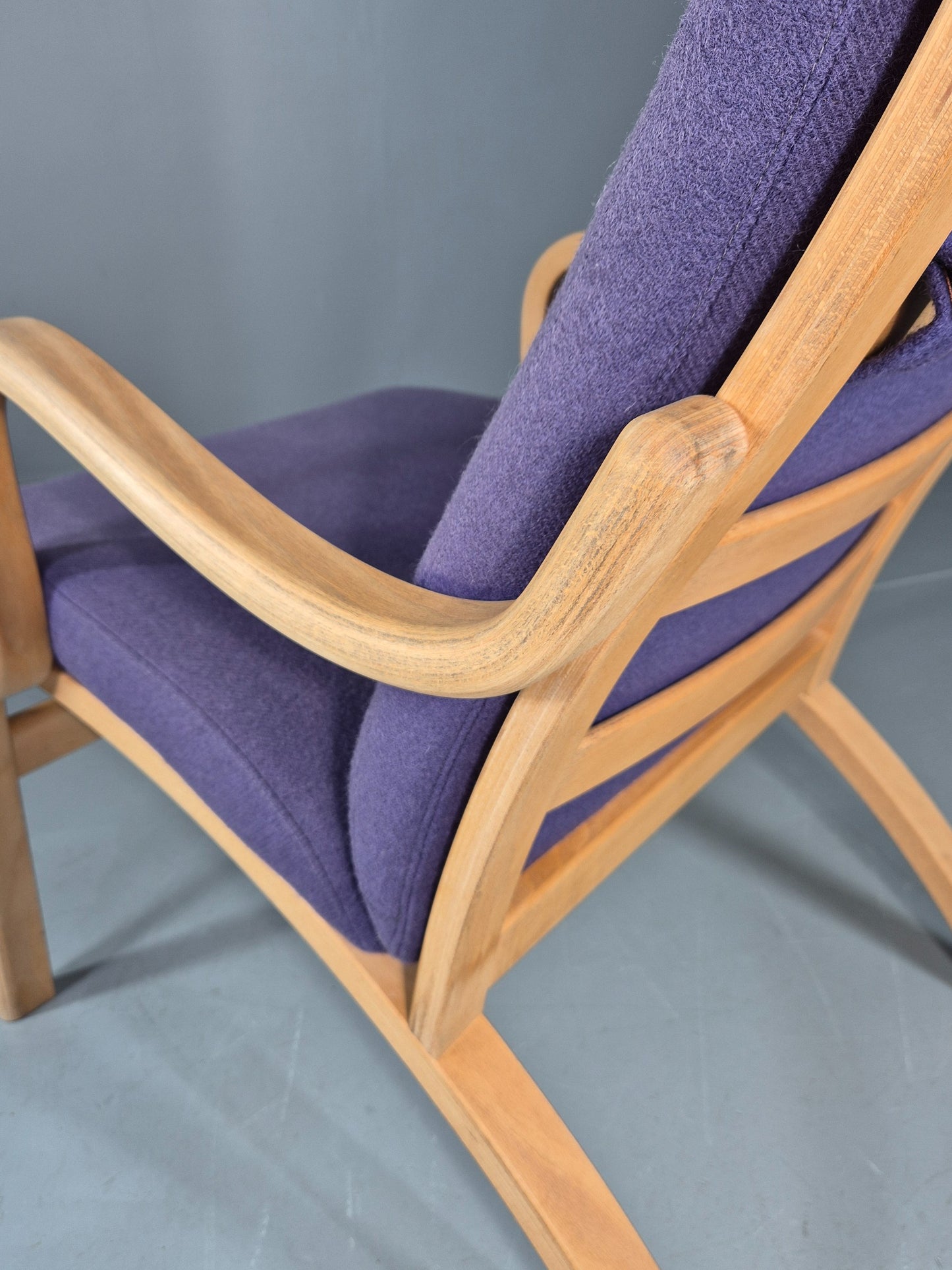 Vintage Mid Century Lounge Chair Bentwood Frame Danish Purple Wool 1980s EB12136