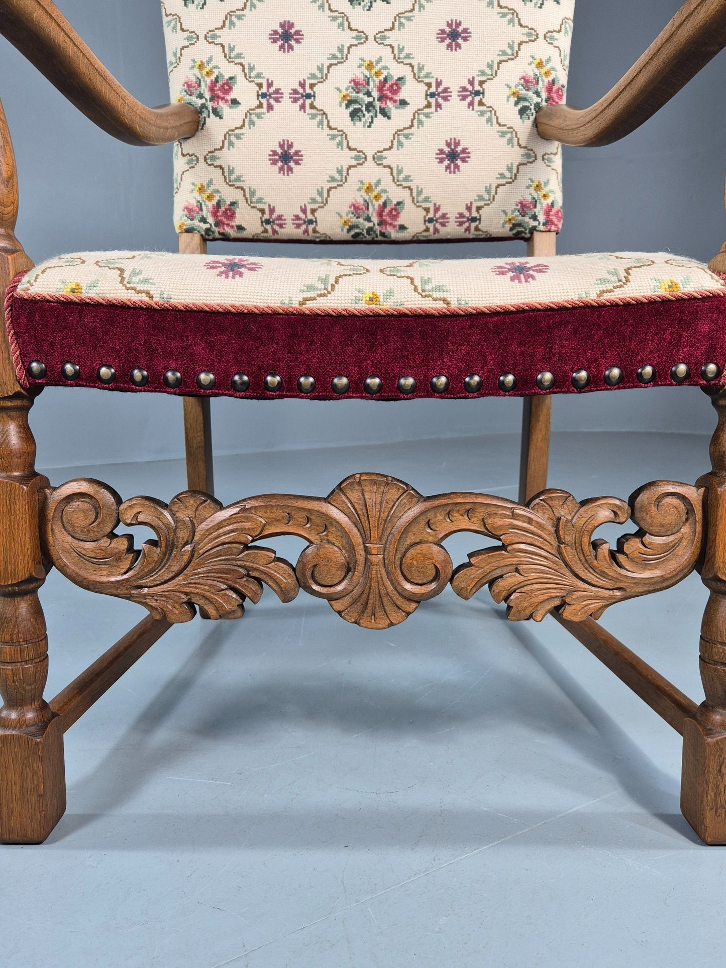 Vintage Danish Baroque Armchair Carved Oak Frame Tapestry Seat EB12113