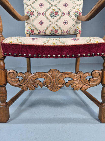 Vintage Danish Baroque Armchair Carved Oak Frame Tapestry Seat EB12113