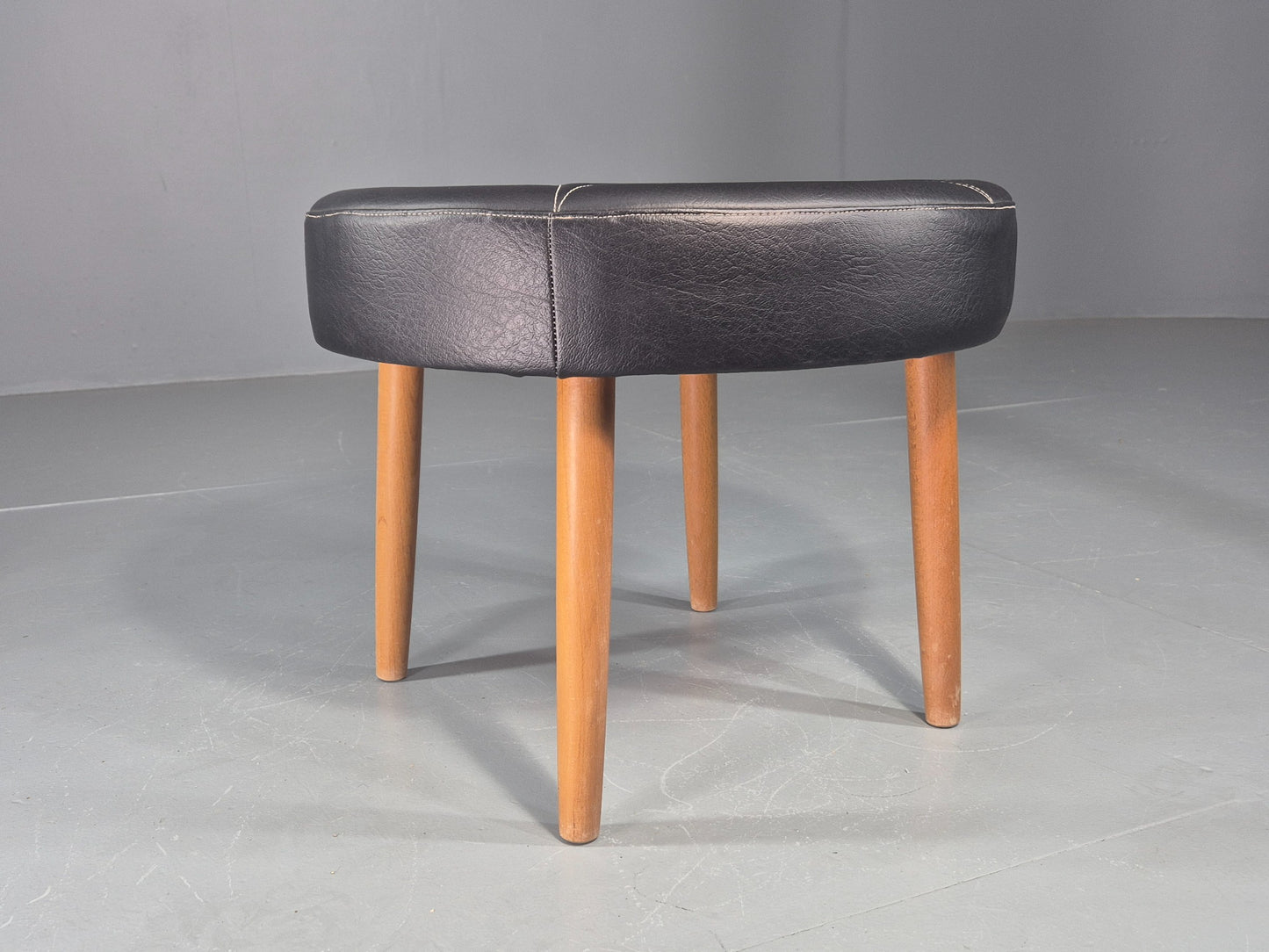 Vintage Danish Mid Century Footstool Black Vinyl Round Beech Legs Retro EB12092