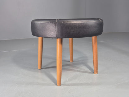 Vintage Danish Mid Century Footstool Black Vinyl Round Beech Legs Retro EB12092