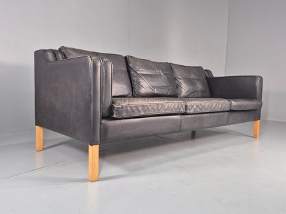 Danish Mid-Century 3-Seater Black Leather Sofa — Vintage Mogensen Style, Solid Wood Frame