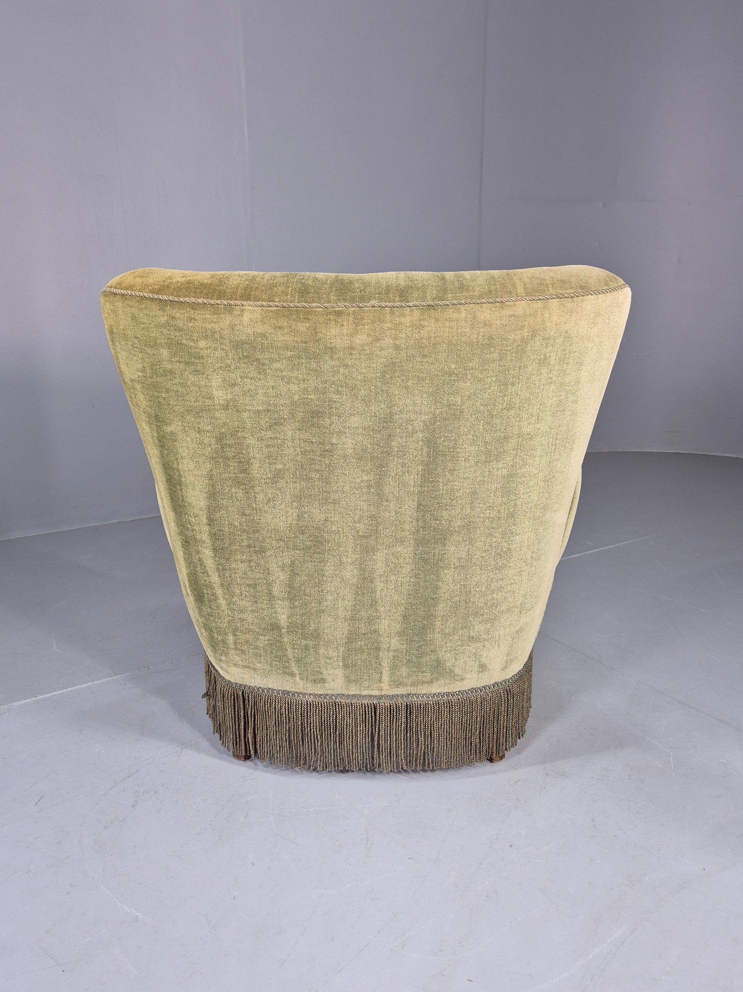 Vintage 1950s Armchair Danish Design Green Velour Tassels Art Deco EB12711